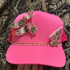 Pink Jolly Holly Hat with Gold Accents Christmas brooch pins